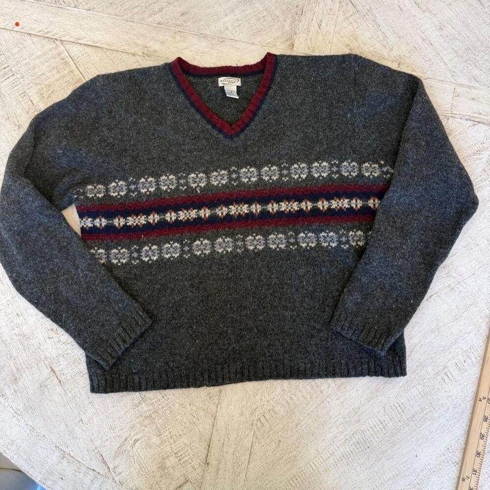 Weather Vane 100% Wool Fair Isle Sweater Small Charcoal Nordic V Neck